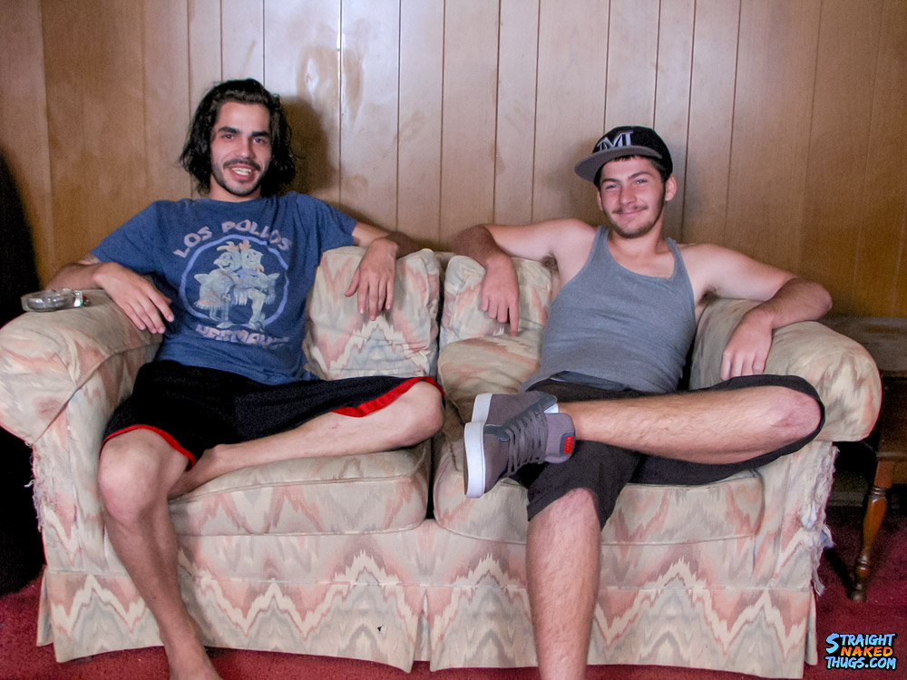 Horny straight bros sitting on a couch waiting to get their cocks out
